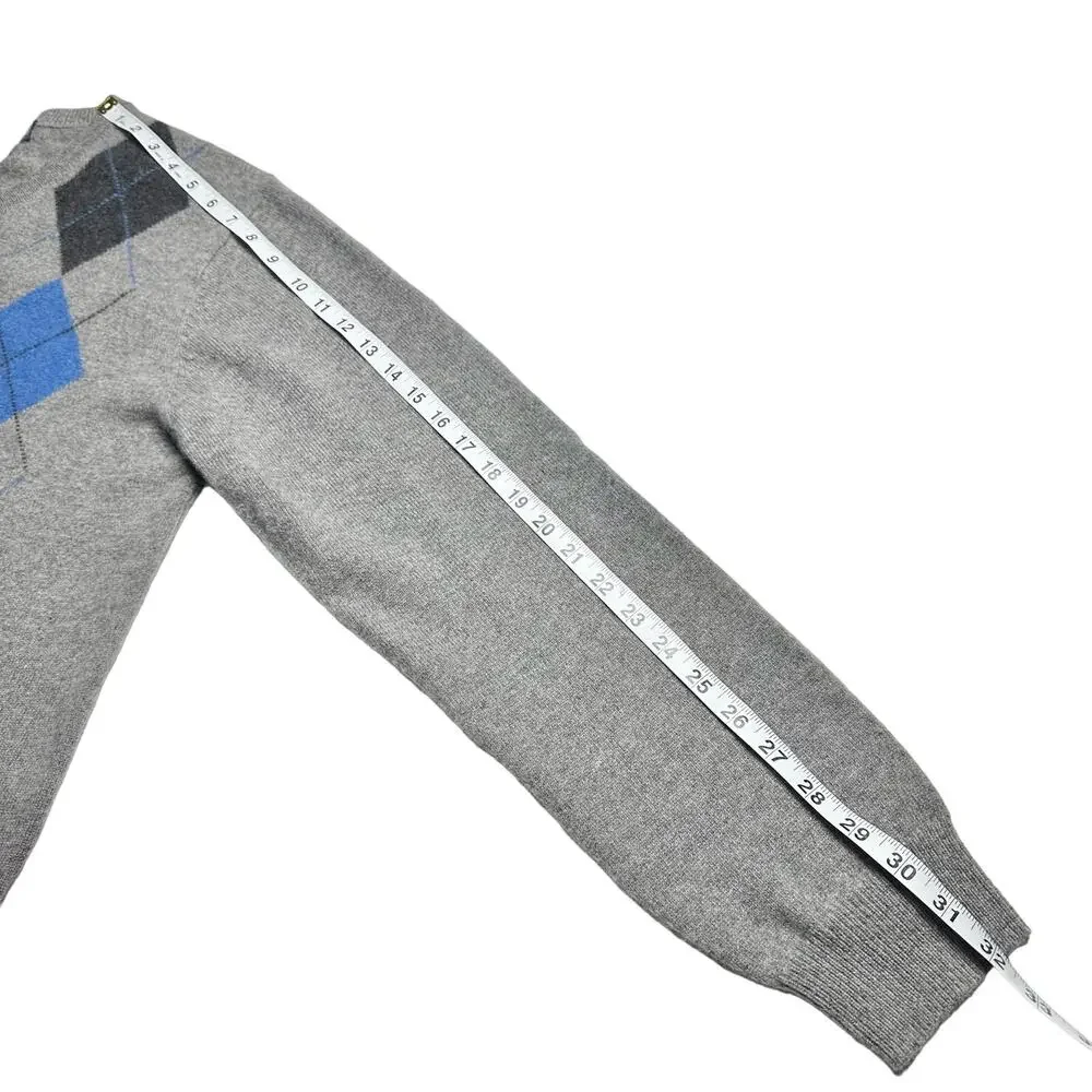 Allen Solly | Men | 100% 2-Ply Cashmere Gray Argyle V-Neck Sweater | Size Large